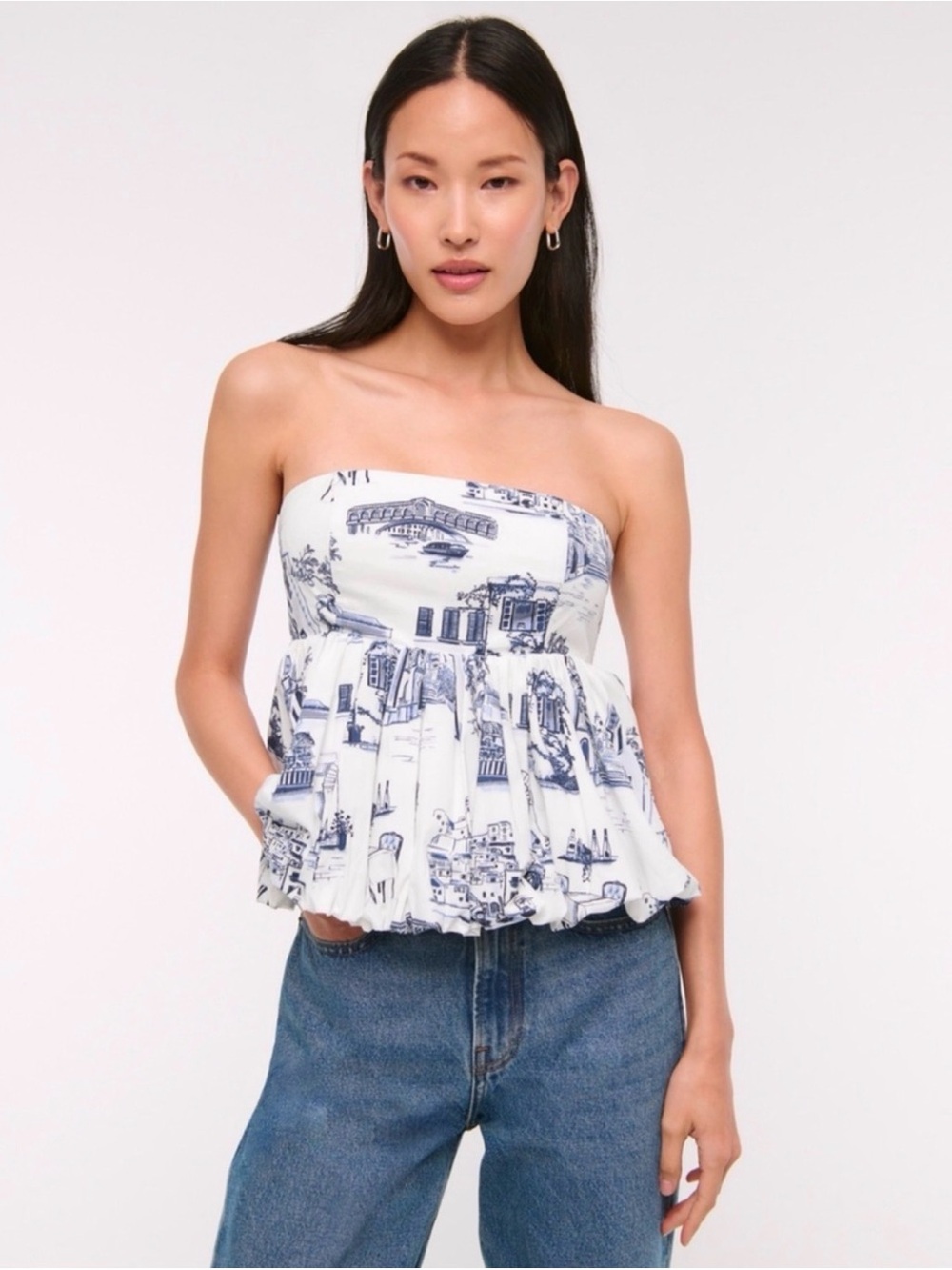 Abercrombie & Fitch Strapless Bubble Top with Navy Toile Print